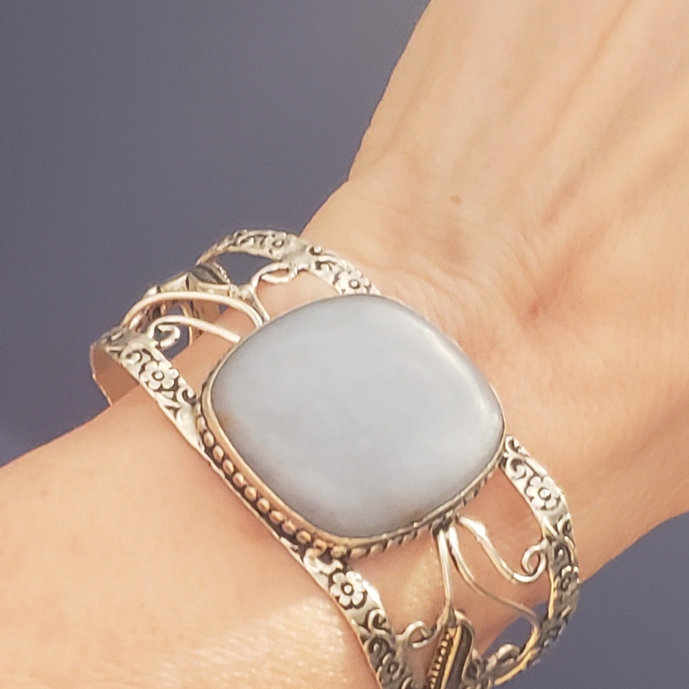 Angelite Gemstone Adjustable 925 Stamped Silver Bracelet, New, Grey Blue, Handmd - Picture 13 of 13